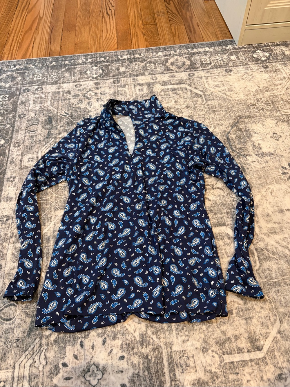 Lands' End Navy Paisley V-Neck Blouse with Light Blue Accents